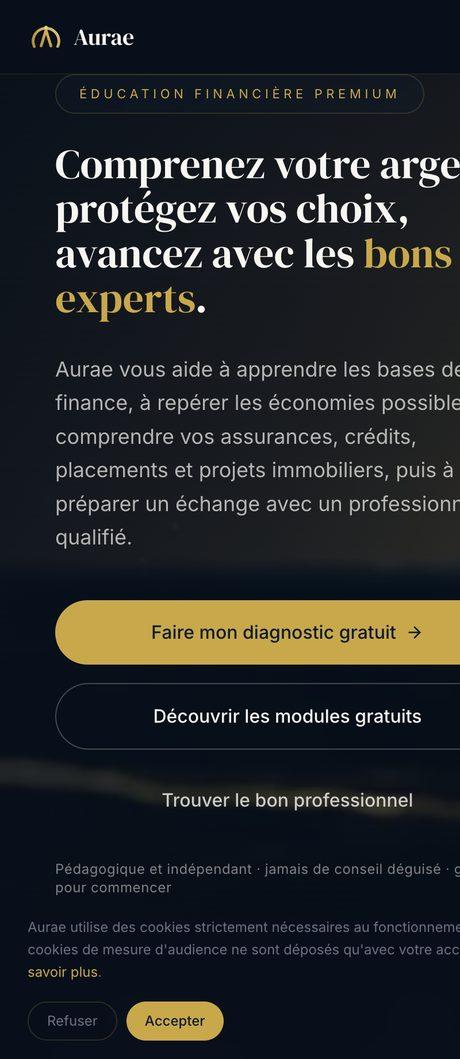 Aperçu du site Aurae · Éducation financière sur mobile