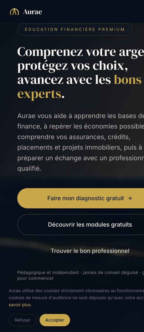 Aperçu du site Aurae · Éducation financière sur mobile