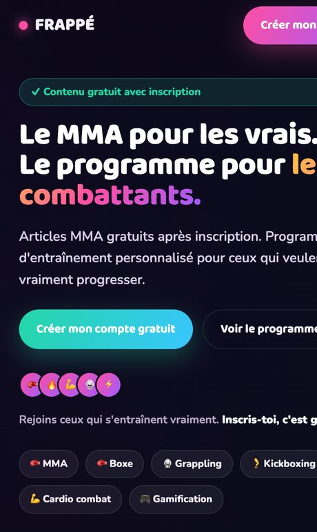 Aperçu du site FRAPPÉ · Média & coaching MMA sur mobile